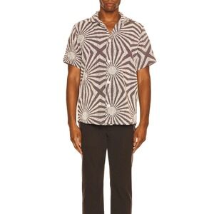 OAS Brown Starburst Terry Shirt Mens Small Short Sleeve Cotton Resort Button
